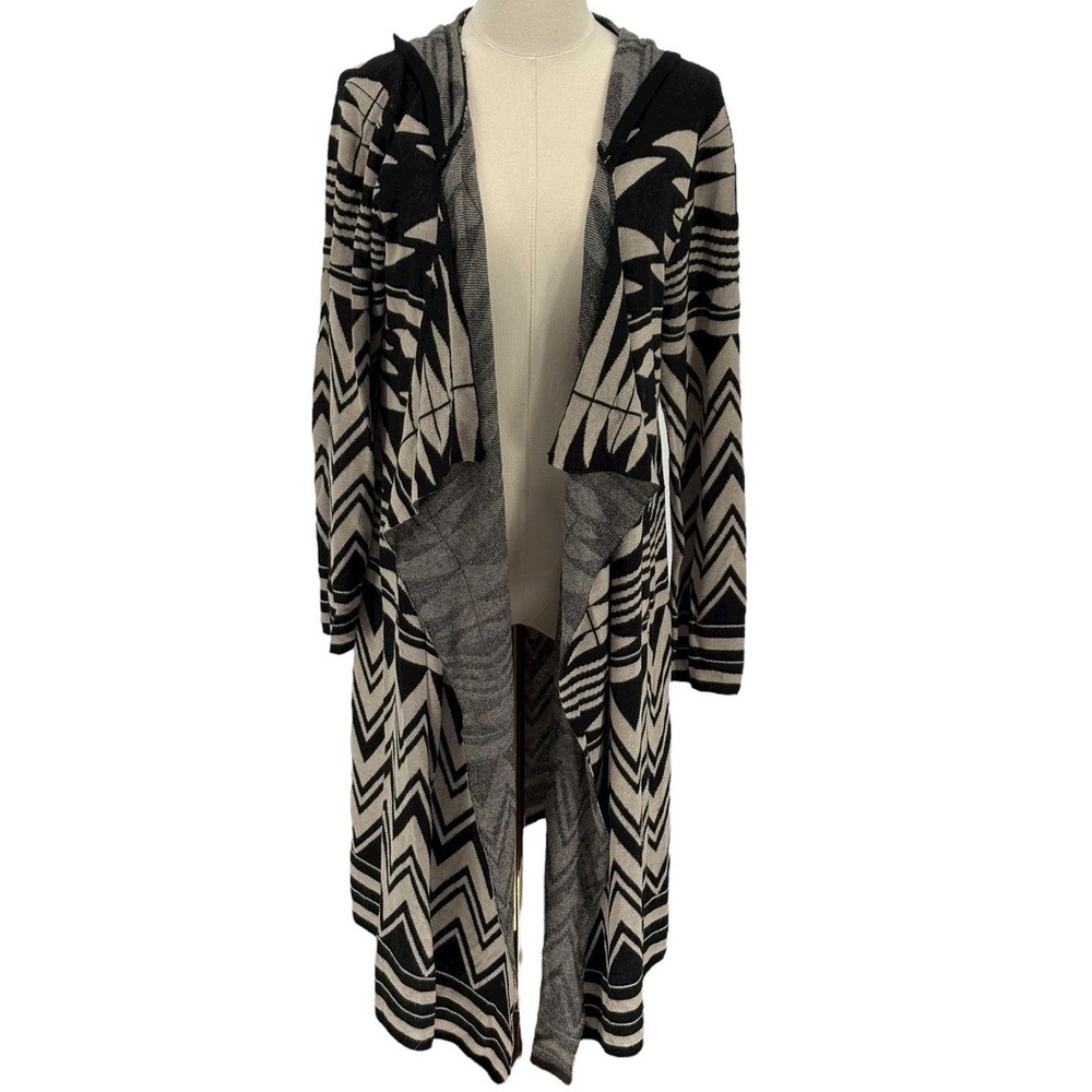 Cupio Women's L Hooded Duster Cardigan Long Geometric Print Draped Open Front